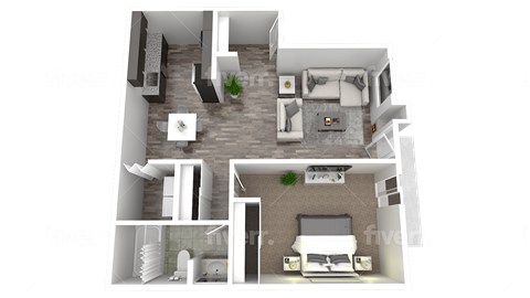 Floor plan for 1 bed, 1 bath, 750 sqft